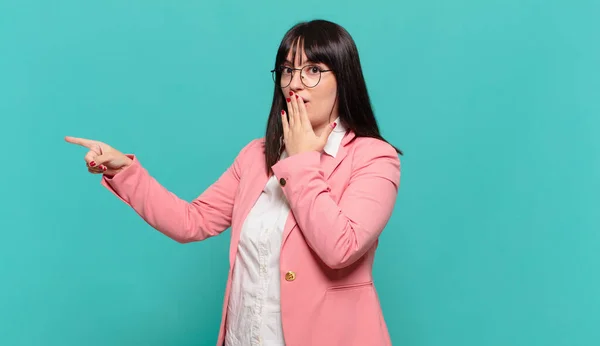 Young Business Woman Feeling Happy Shocked Surprised Covering Mouth Hand — Stock Photo, Image