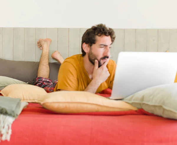 Young Bearded Man Bed Laptop — Stock Photo, Image