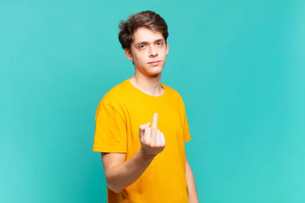 Young Boy Feeling Angry Annoyed Rebellious Aggressive Flipping Middle Finger — Stock Photo, Image