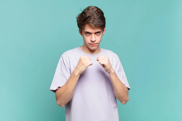 Young Boy Looking Confident Angry Strong Aggressive Fists Ready Fight — Stock Photo, Image