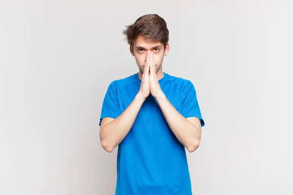 Young Boy Feeling Worried Hopeful Religious Praying Faithfully Palms Pressed — 스톡 사진