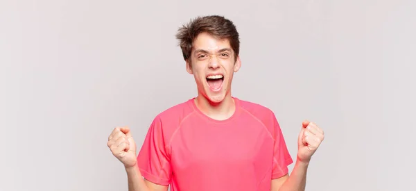 Young Boy Looking Extremely Happy Surprised Celebrating Success Shouting Jumping — 스톡 사진