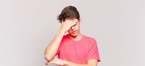 Young Boy Looking Stressed Ashamed Upset Headache Covering Face Hand — Stock Photo, Image