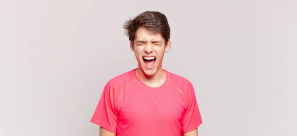 Young Boy Shouting Aggressively Looking Very Angry Frustrated Outraged Annoyed — Stock Photo, Image