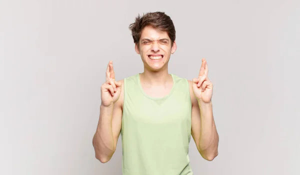 Young Boy Feeling Nervous Hopeful Crossing Fingers Praying Hoping Good — Stock Photo, Image