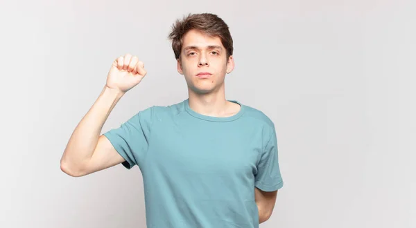 Young Boy Feeling Serious Strong Rebellious Raising Fist Protesting Fighting — 스톡 사진