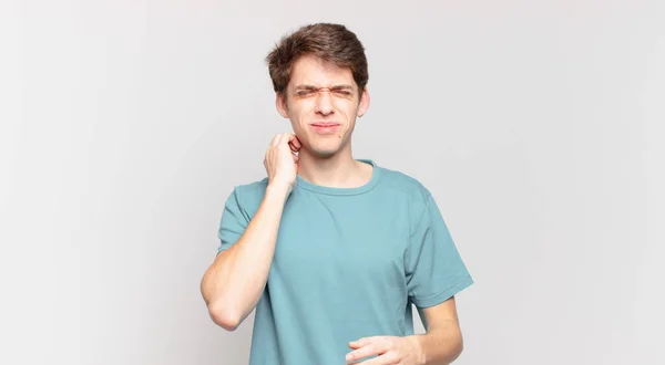 Young Boy Feeling Stressed Frustrated Tired Rubbing Painful Neck Worried — Stock Photo, Image