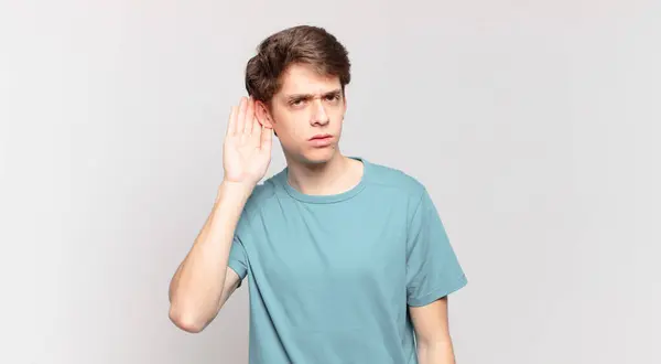 Young Boy Looking Serious Curious Listening Trying Hear Secret Conversation — Stock Photo, Image