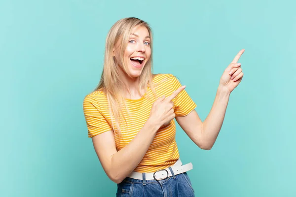 Young Blond Pretty Woman Feeling Joyful Surprised Smiling Shocked Expression — Stock Photo, Image