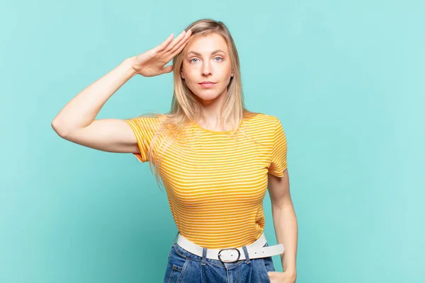 Young Blond Pretty Woman Greeting Camera Military Salute Act Honor — 스톡 사진