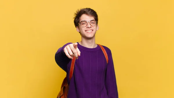 Young Student Boy Pointing Camera Satisfied Confident Friendly Smile Choosing — Stock Photo, Image