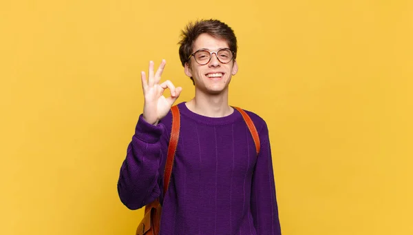 Young Student Boy Feeling Happy Relaxed Satisfied Showing Approval Okay — Stock Photo, Image