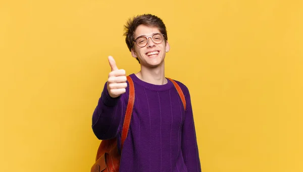 Young Student Boy Feeling Proud Carefree Confident Happy Smiling Positively — Stock Photo, Image