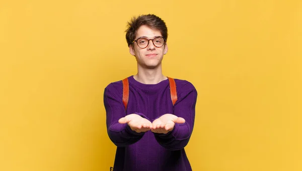 Young Student Boy Smiling Happily Friendly Confident Positive Look Offering — Stock Photo, Image