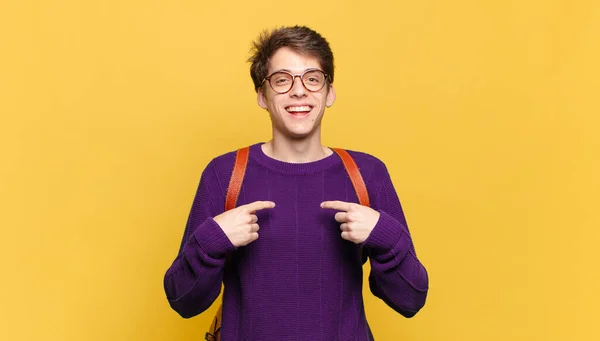 Young Student Boy Feeling Happy Surprised Proud Pointing Self Excited — Stock Photo, Image