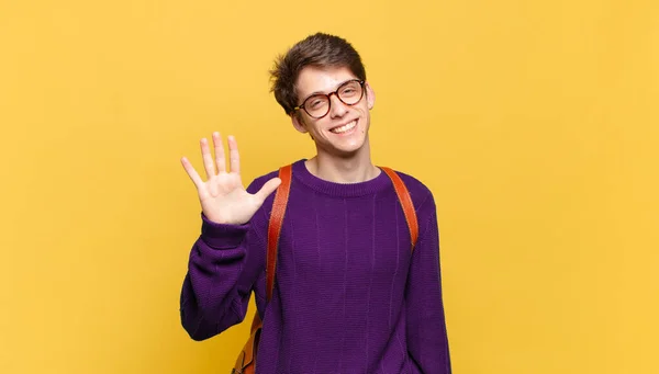 Young Student Boy Smiling Looking Friendly Showing Number Five Fifth — Stock Photo, Image