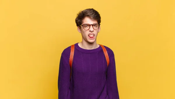 Young Student Boy Feeling Disgusted Irritated Sticking Tongue Out Disliking — Stock Photo, Image