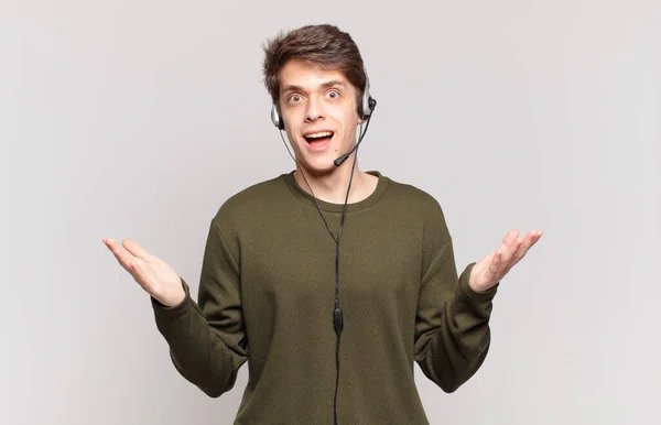 Young Telemarketer Feeling Happy Excited Surprised Shocked Smiling Astonished Something — Stock Photo, Image