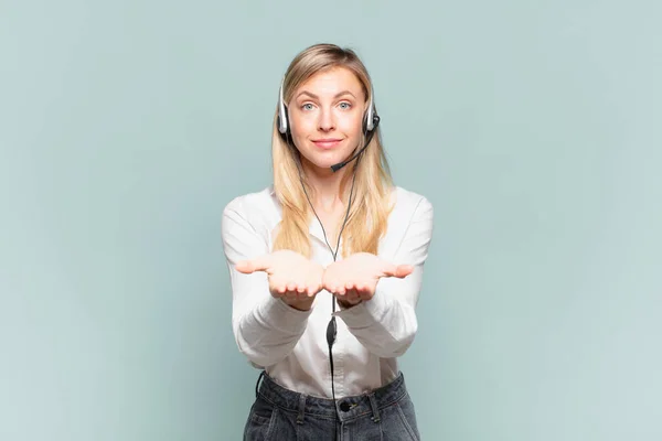 Young Blond Telemarketer Woman Smiling Happily Friendly Confident Positive Look — Stock Photo, Image