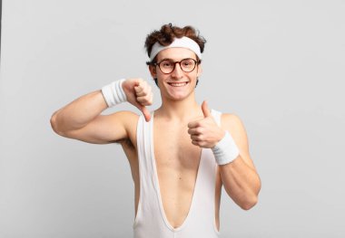 humorous sport man feeling confused, clueless and unsure, weighting the good and bad in different options or choices