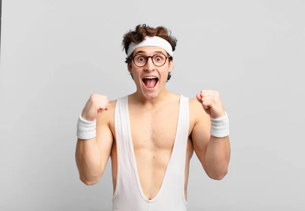 Humorous Sport Man Feeling Shocked Excited Happy Laughing Celebrating Success — Stock Photo, Image