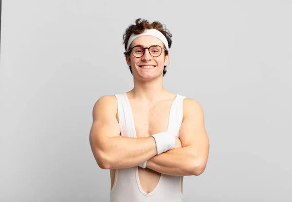 Humorous Sport Man Looking Happy Proud Satisfied Achiever Smiling Arms — Stockfoto