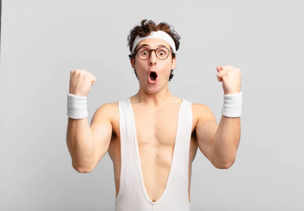 Humorous Sport Man Celebrating Unbelievable Success Winner Looking Excited Happy — Stockfoto