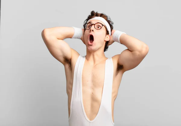Humorous Sport Man Open Mouth Looking Horrified Shocked Because Terrible — Stock Photo, Image