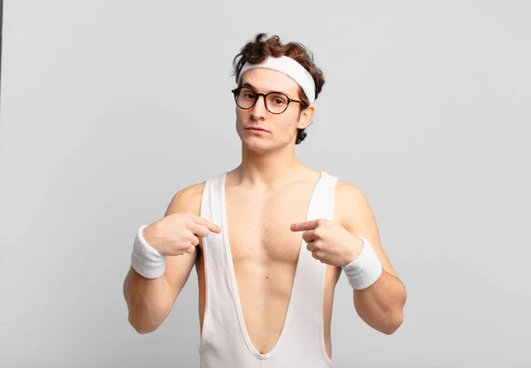 Humorous Sport Man Looking Proud Positive Casual Pointing Chest Both — Stock Photo, Image