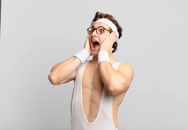 Humorous Sport Man Feeling Happy Excited Surprised Looking Side Both — Stock Photo, Image