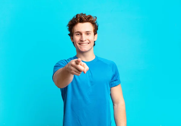 Young Sport Boy Pointing Camera Satisfied Confident Friendly Smile Choosing — Foto de Stock