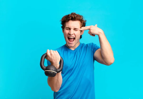 Young Sport Boy Looking Unhappy Stressed Suicide Gesture Making Gun — Stock Photo, Image