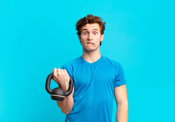 Young Sport Boy Looking Puzzled Confused Biting Lip Nervous Gesture — Stock Photo, Image