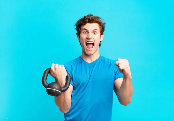 Young Sport Boy Shouting Aggressively Angry Expression Fists Clenched Celebrating — Stock Photo, Image
