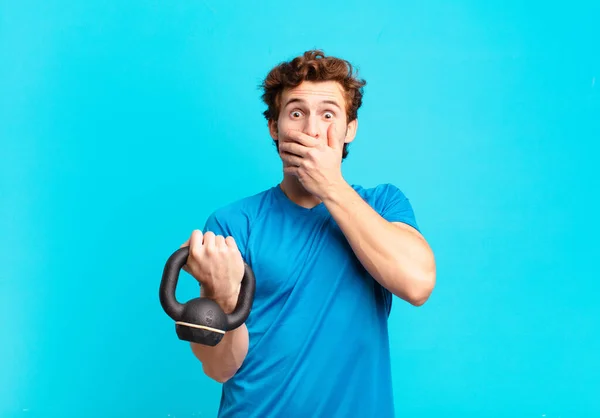 Young Sport Boy Covering Mouth Hands Shocked Surprised Expression Keeping — Foto de Stock