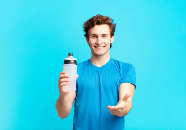 Sport Boy Smiling Happily Friendly Confident Positive Look Offering Showing — Stock Photo, Image