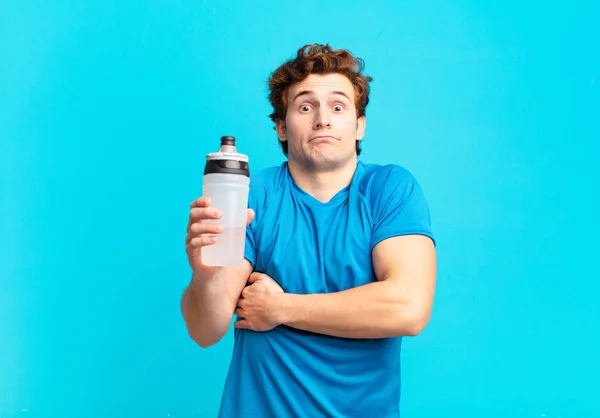 Sport Boy Shrugging Feeling Confused Uncertain Doubting Arms Crossed Puzzled — Stock Photo, Image