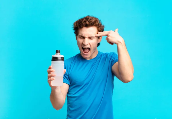 Sport Boy Looking Unhappy Stressed Suicide Gesture Making Gun Sign — ストック写真