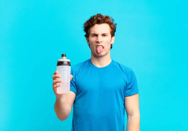 Sport Boy Feeling Disgusted Irritated Sticking Tongue Out Disliking Something — Photo