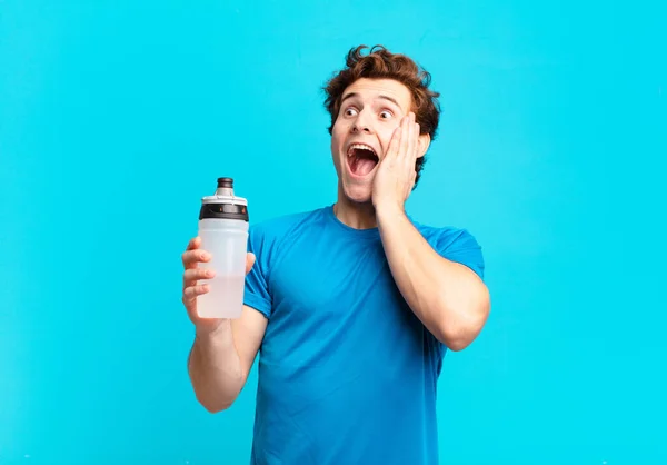 Sport Boy Feeling Happy Excited Surprised Looking Side Both Hands — Stock Photo, Image