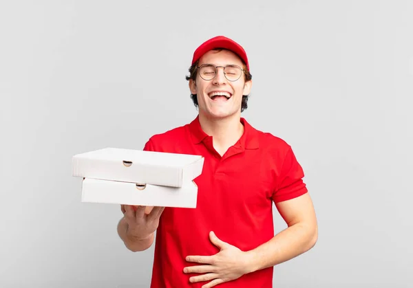 Pizza Leveren Jongen Lachen Hardop Sommige Hilarische Grap Het Gevoel — Stockfoto