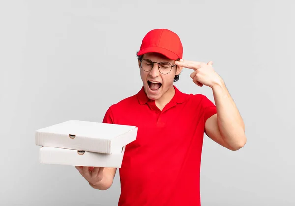 Pizza Leveren Jongen Kijken Ongelukkig Gestresst Zelfmoord Gebaar Maken Pistool — Stockfoto