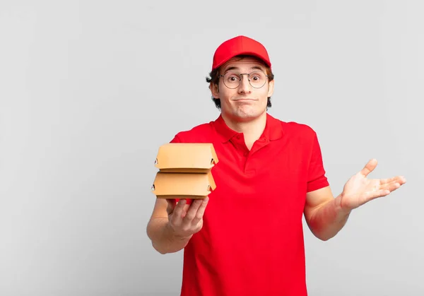 Burgers Deliver Boy Feeling Puzzled Confused Doubting Weighting Choosing Different — Stock Photo, Image