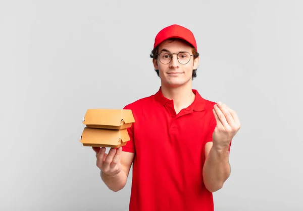 Hamburgery Dostarczają Chłopca Capice Lub Pieniądze Gest Mówiąc Aby Spłacić — Zdjęcie stockowe