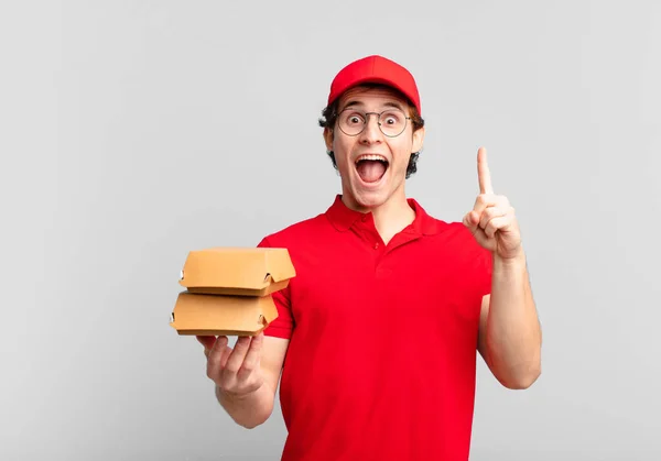 Burgers Deliver Boy Feeling Happy Excited Genius Realizing Idea Cheerfully — Stock Photo, Image