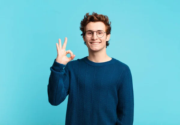 Young Handsome Boy Feeling Happy Relaxed Satisfied Showing Approval Okay — Stock Photo, Image