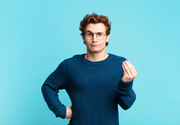 Young Handsome Boy Making Capice Money Gesture Telling You Pay — Stock Photo, Image