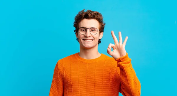 Young Handsome Boy Feeling Happy Relaxed Satisfied Showing Approval Okay — Stock Photo, Image