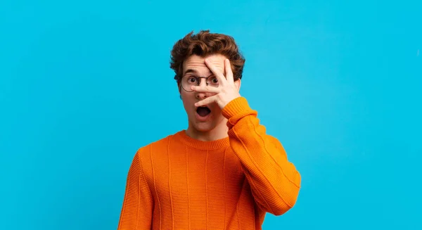 Young Handsome Boy Looking Shocked Scared Terrified Covering Face Hand — Stock Photo, Image