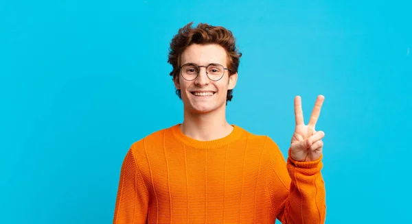 Young Handsome Boy Smiling Looking Friendly Showing Number Two Second — Stock Photo, Image